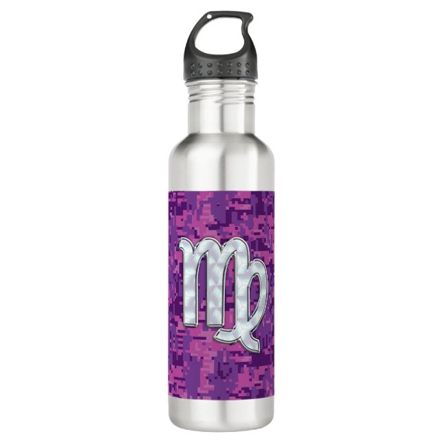 Virgo Zodiac Sign on Pink Digital Camouglage Water Bottle (Front)