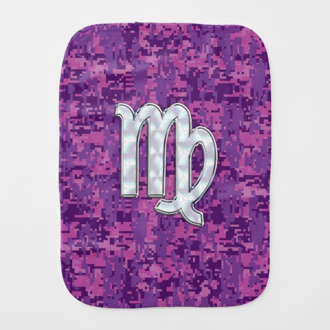 Virgo Zodiac Sign on Pink Fuchsia Digital Camo Baby Burp Cloth (Front)