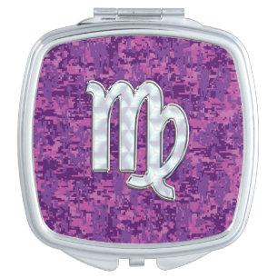 Virgo Zodiac Sign on Pink Fuchsia Digital Camo Compact Mirror