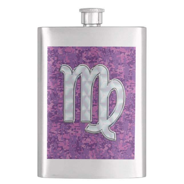 Virgo Zodiac Sign on Pink Fuchsia Digital Camo Flask (Front)