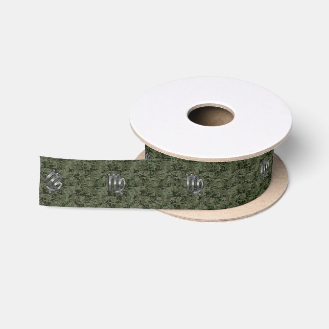 Virgo Zodiac Sign on Woodland Digital Camo Satin Ribbon (Spool)