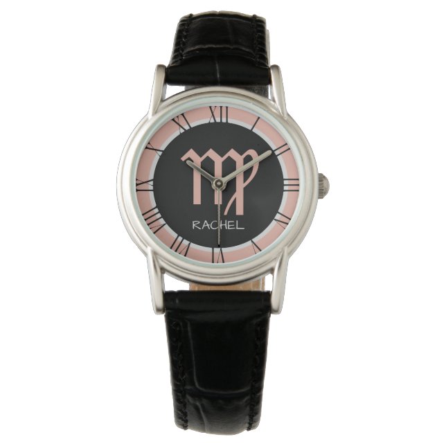Virgo Zodiac Sign Rose Pink Gray Black Custom Name Watch (Front)
