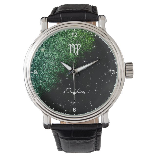 Virgo Zodiac Sign Teal Green Glitter Stars Name Watch (Front)