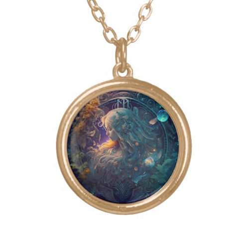 Virgo Zodiac Sign Watercolor Design Gold Plated Necklace