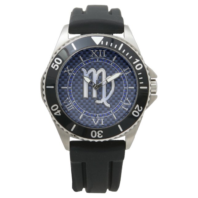 Virgo Zodiac Silver Sign Blue Carbon Fiber Dial Watch (Front)