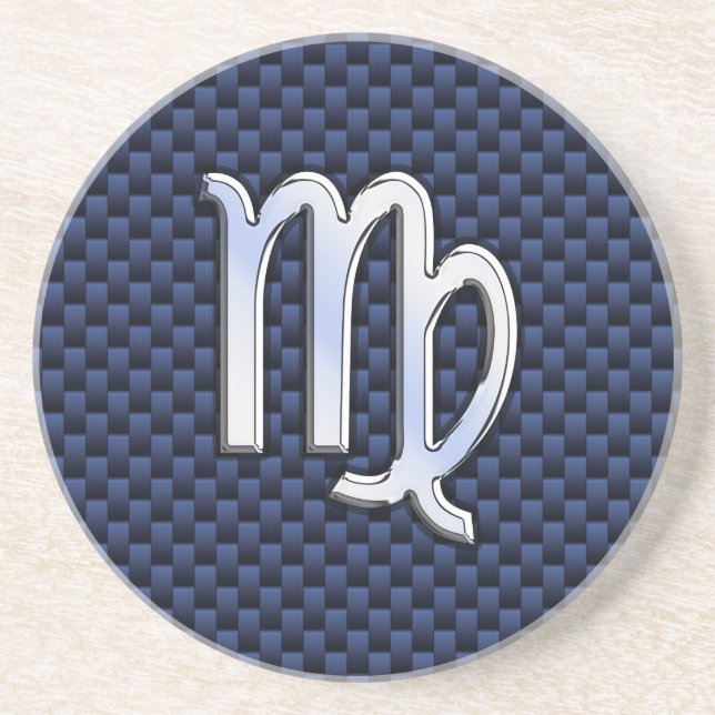Virgo Zodiac Silver Sign Blue Carbon Fiber Print Drink Coaster (Front)