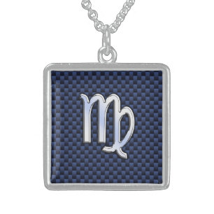 Virgo Zodiac Silver Sign Blue Carbon Fiber Print Sterling Silver Necklace