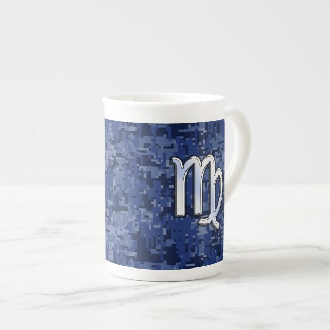 Virgo Zodiac Silver Sign on Navy Blue Digital Camo Bone China Mug (Front Right)