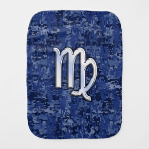 Virgo Zodiac Silver Sign on Navy Blue Digital Camo Burp Cloth