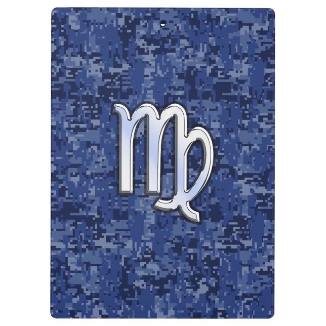 Virgo Zodiac Silver Sign on Navy Blue Digital Camo Clipboard (Back)