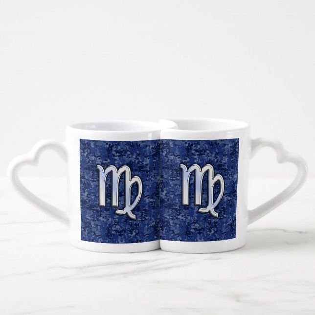 Virgo Zodiac Silver Sign on Navy Blue Digital Camo Coffee Mug Set (Front Nesting)