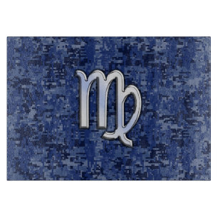 Virgo Zodiac Silver Sign on Navy Blue Digital Camo Cutting Board