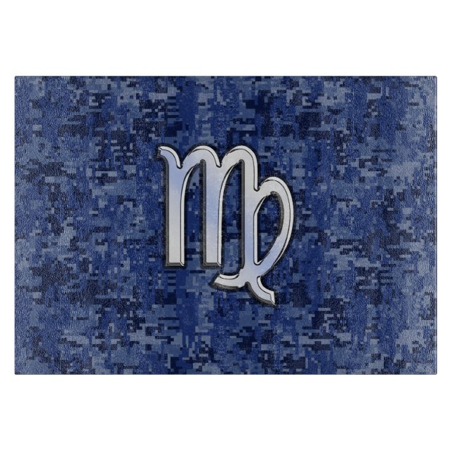 Virgo Zodiac Silver Sign on Navy Blue Digital Camo Cutting Board (Front)
