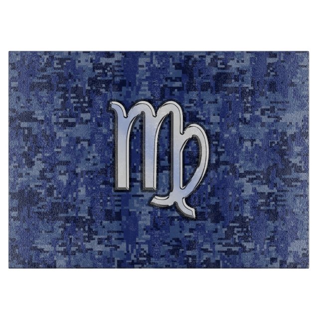 Virgo Zodiac Silver Sign on Navy Blue Digital Camo Cutting Board (Front)