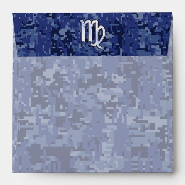 Virgo Zodiac Silver Sign on Navy Blue Digital Camo Envelope (Back (Top Flap))