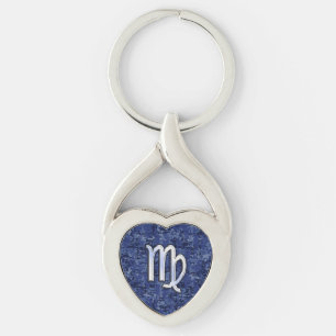 Virgo Zodiac Silver Sign on Navy Blue Digital Camo Keychain