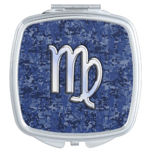 Virgo Zodiac Silver Sign on Navy Blue Digital Camo Mirror For Makeup