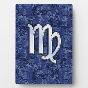 Virgo Zodiac Silver Sign on Navy Blue Digital Camo Plaque