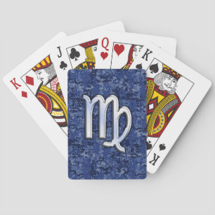 Virgo Zodiac Silver Sign on Navy Blue Digital Camo Poker Cards