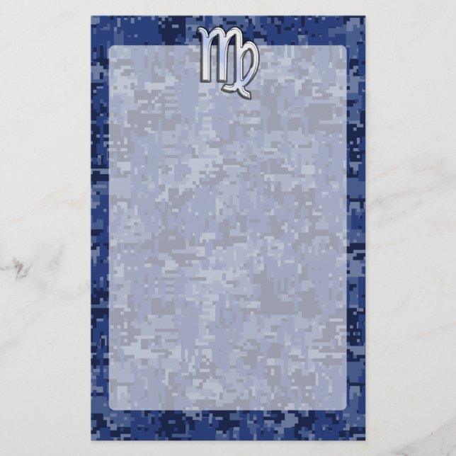 Virgo Zodiac Silver Sign on Navy Blue Digital Camo Stationery (Front)