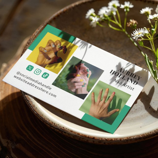 Viridian Green 3 Photos Social Media Nail Artist Business Card (Creator Uploaded)