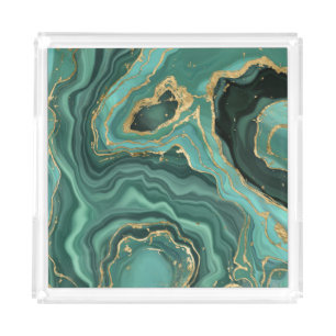 Viridian Green Marble and Gold Abstract Acrylic Tray