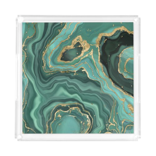 Viridian Green Marble and Gold Abstract Acrylic Tray