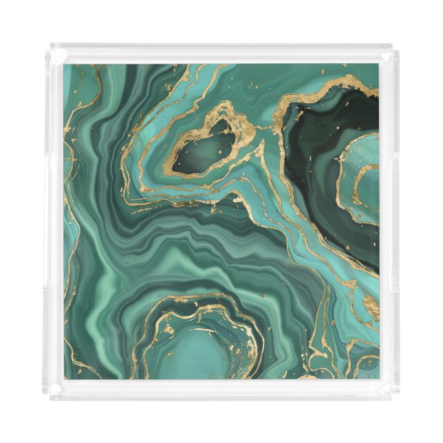 Viridian Green Marble and Gold Abstract Acrylic Tray (Front)