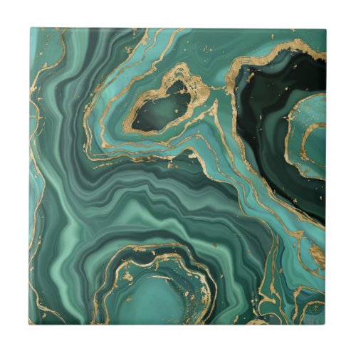 Viridian Green Marble and Gold Abstract Ceramic Tile