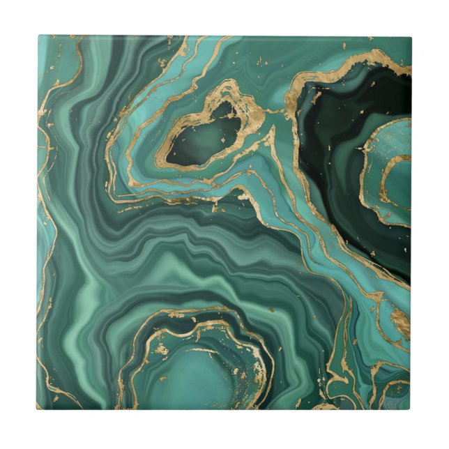 Viridian Green Marble and Gold Abstract Ceramic Tile (Front)