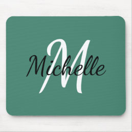 Viridian Green &amp; White Monogram Add Your Name Mouse Pad