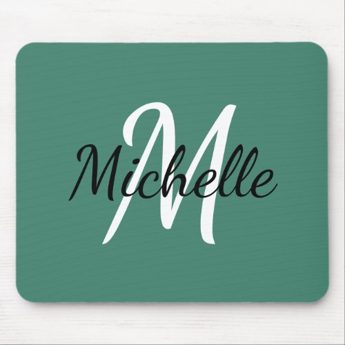 Viridian Green  White Monogram Add Your Name Mouse Pad
