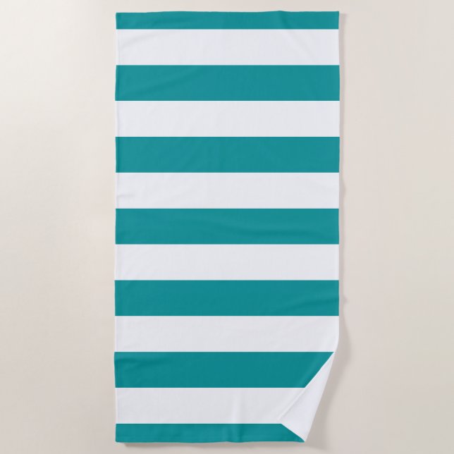 Viridian Green White Striped Pattern Beach Towel (Front)