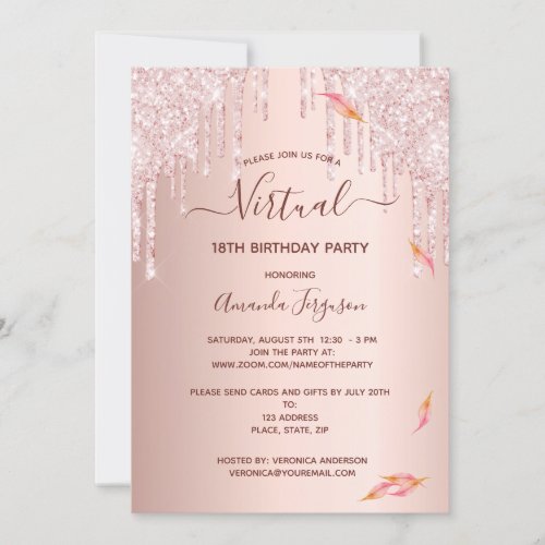 Virtual 18th birthday rose gold fall glitter drips invitation
