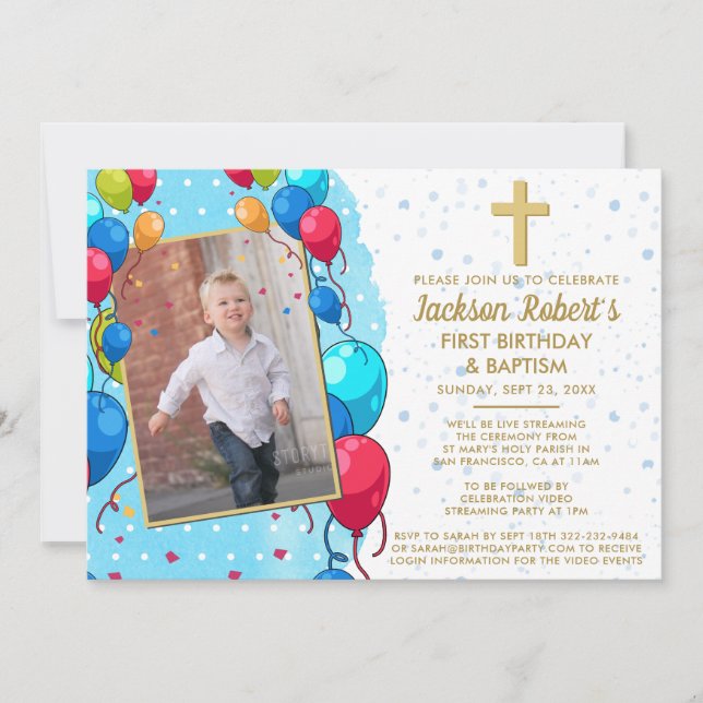 Virtual 1st Birthday Baptism Blue Gold Text Photo Invitation (Front)