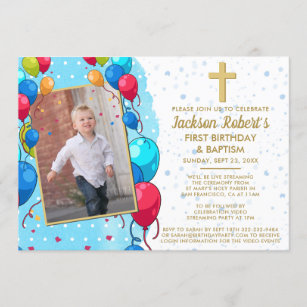 Virtual 1st Birthday Baptism Blue Gold Text Photo Invitation