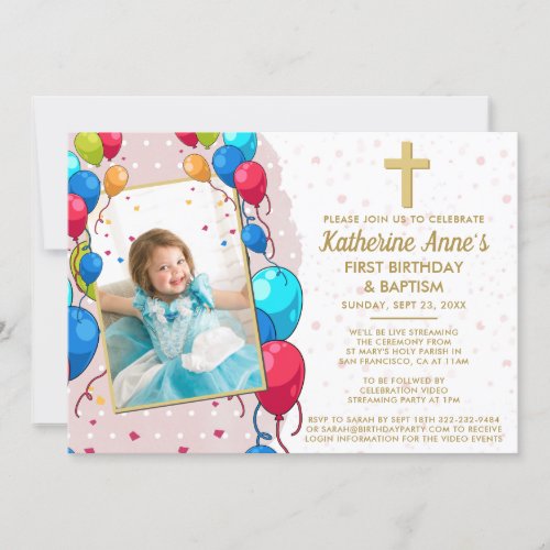 Virtual 1st Birthday Baptism Pink Gold Text Photo Invitation