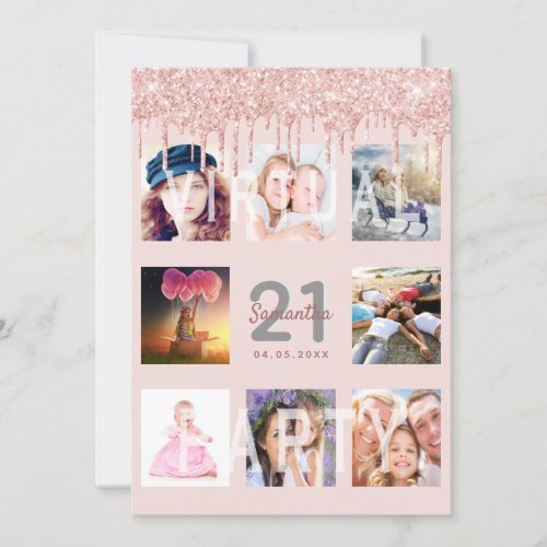 Virtual 21st birthday glitter photo rose gold pink invitation