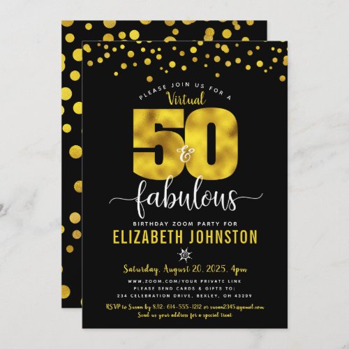 Virtual 50 and fabulous birthday gold dots black invitation