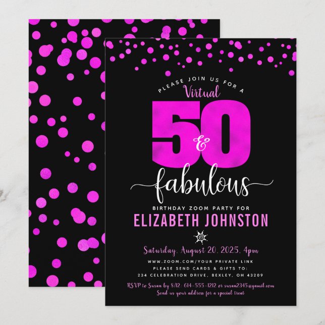 Virtual 50 and fabulous birthday hot pink dots invitation (Front/Back)