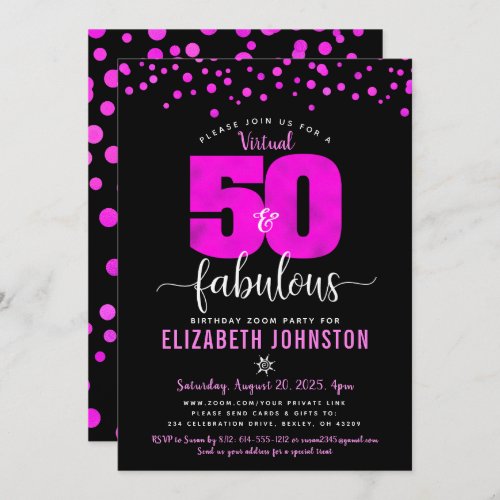 Virtual 50 and fabulous birthday hot pink dots invitation