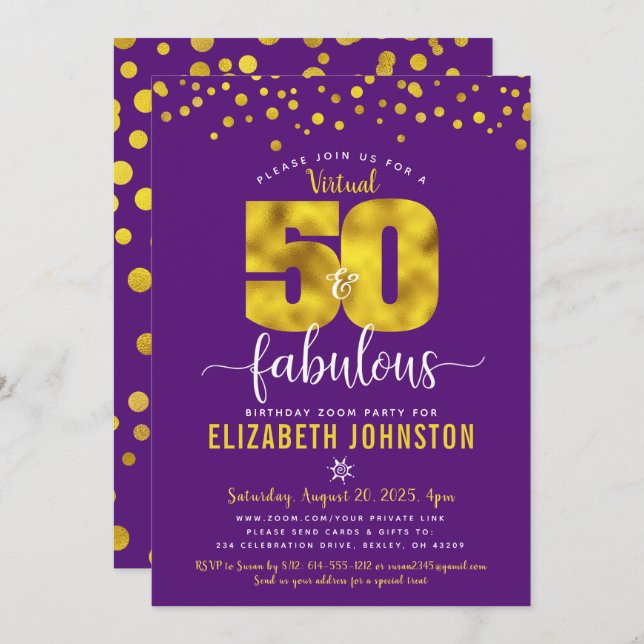 Virtual 50 and fabulous birthday purple gold dots invitation (Front/Back)
