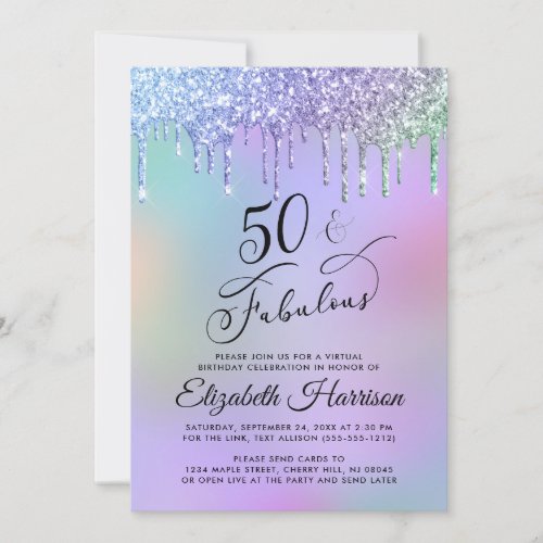 Virtual 50th Birthday Party Rainbow Glitter Invitation