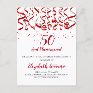 Virtual 50th Birthday Party Red Streamers Invitation Postcard