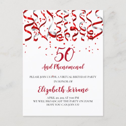 Virtual 50th Birthday Party Red Streamers Invitation Postcard