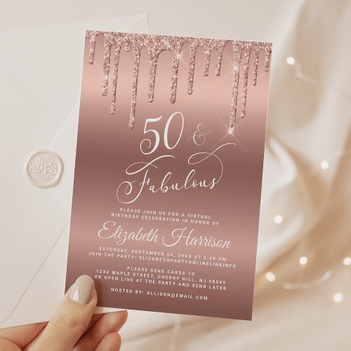 Virtual 50th Birthday Party Rose Gold Glitter Invitation