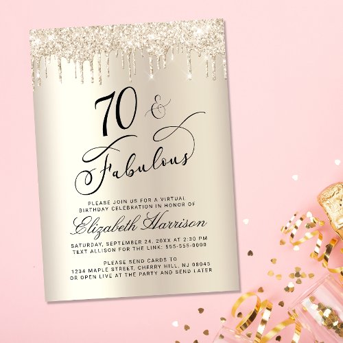 Virtual 70th Birthday Party Gold Glitter  Invitation