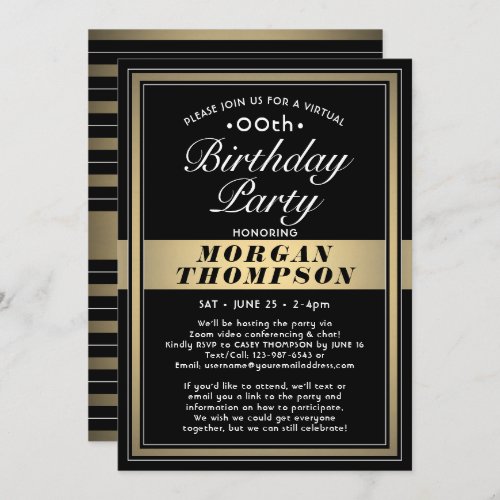 Virtual Any Birthday Black Gold and White Party Invitation