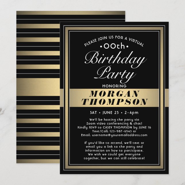 Virtual Any Birthday Black Gold and White Party Invitation (Front/Back)
