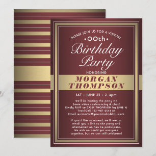 Virtual Any Birthday Burgundy Red Gold White Party Invitation